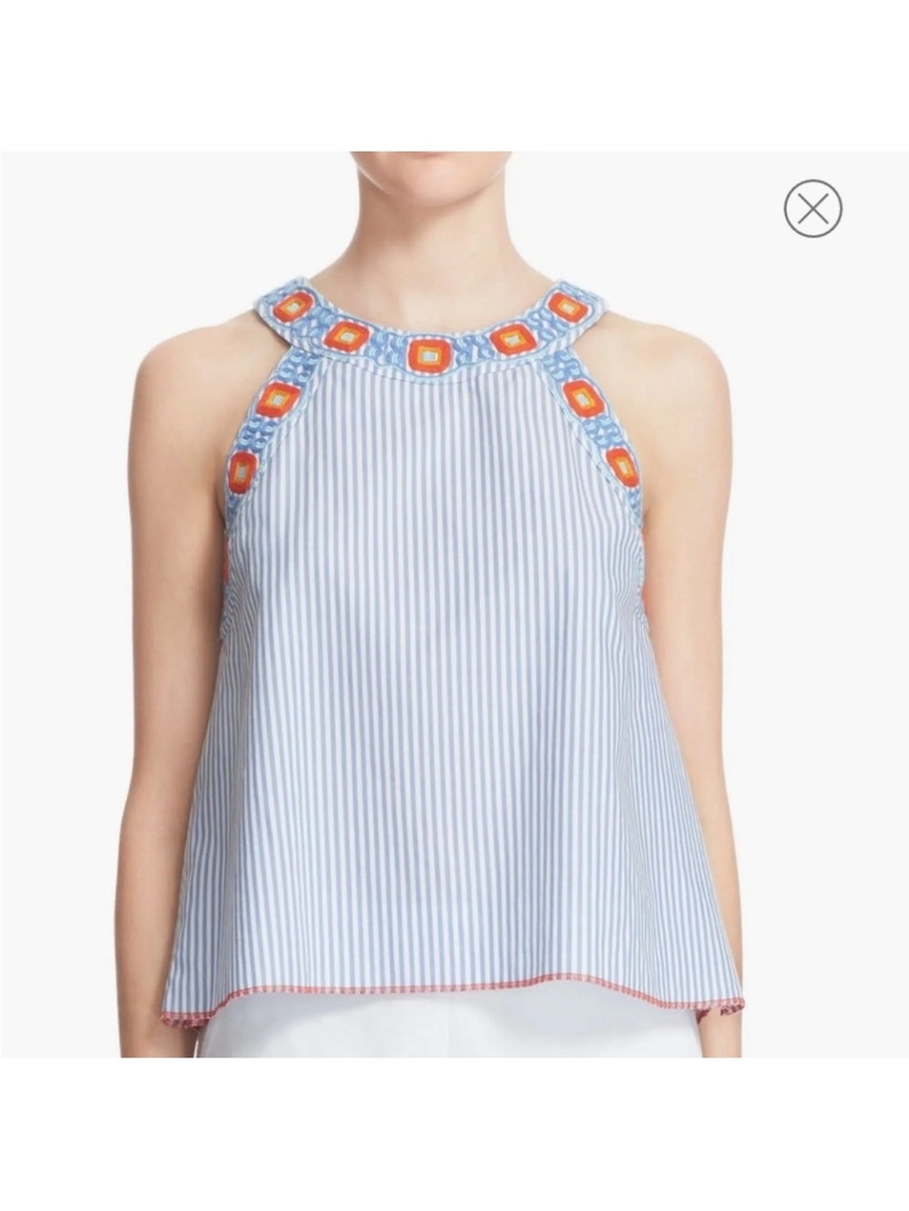 Tory Burch Meg Striped Embroidered Halter Top 6 Blue White Boho Coastal Chic